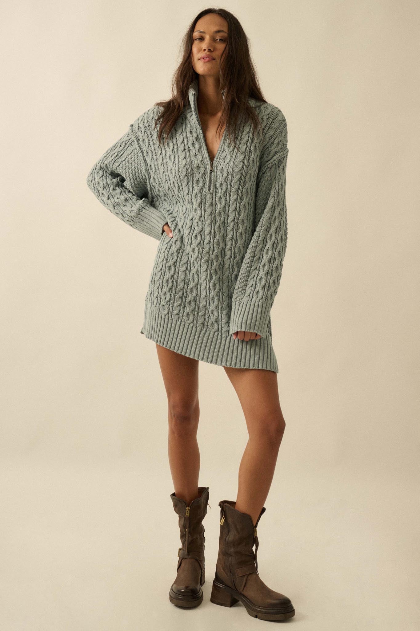 Plot Twist Half-Zip Cable Knit Sweater Dress Starlight Blue / L Plot Twist Half-Zip Cable Knit Sweater Dress Starlight Blue / L