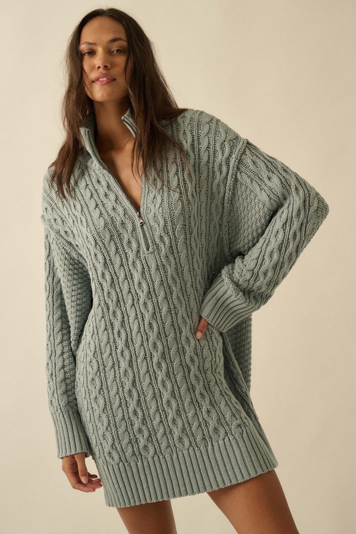 Plot Twist Half-Zip Cable Knit Sweater Dress Starlight Blue / L Plot Twist Half-Zip Cable Knit Sweater Dress Starlight Blue / L
