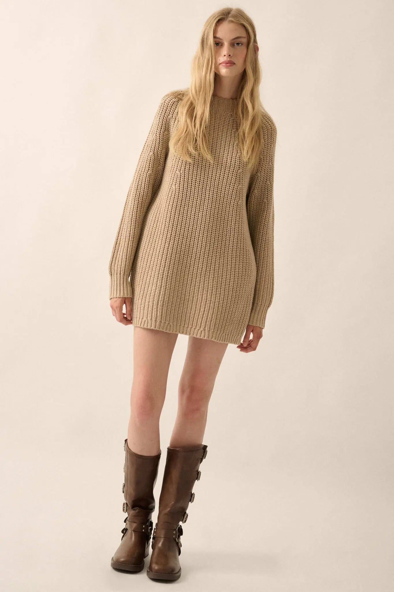 Believe in You Ribbed Knit Mini Sweater Dress Sand / S Believe in You Ribbed Knit Mini Sweater Dress Sand / S