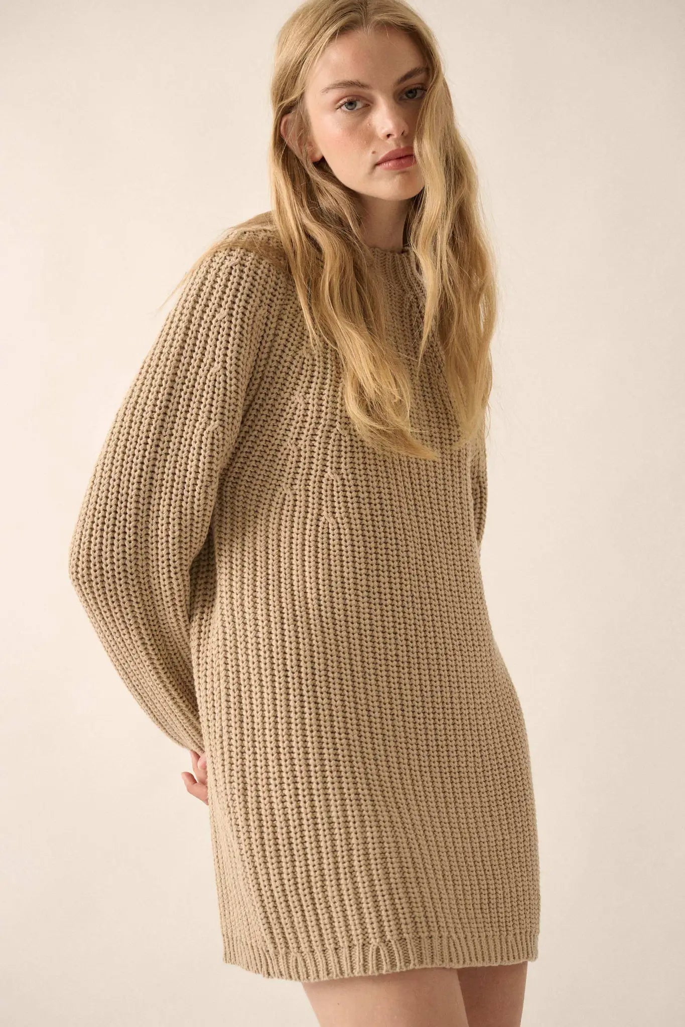 Believe in You Ribbed Knit Mini Sweater Dress Sand / S Believe in You Ribbed Knit Mini Sweater Dress Sand / S