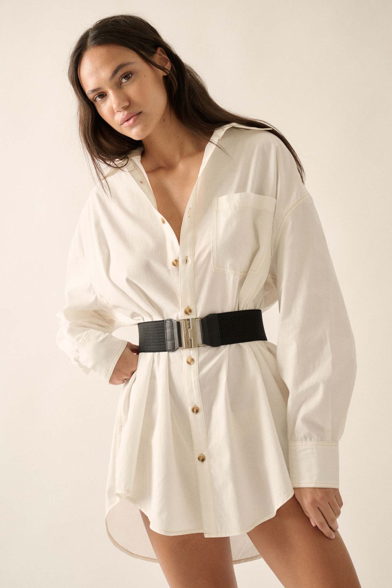 Moving Forward Oversize Button-Up Mini Shirt Dress - ShopPromesa