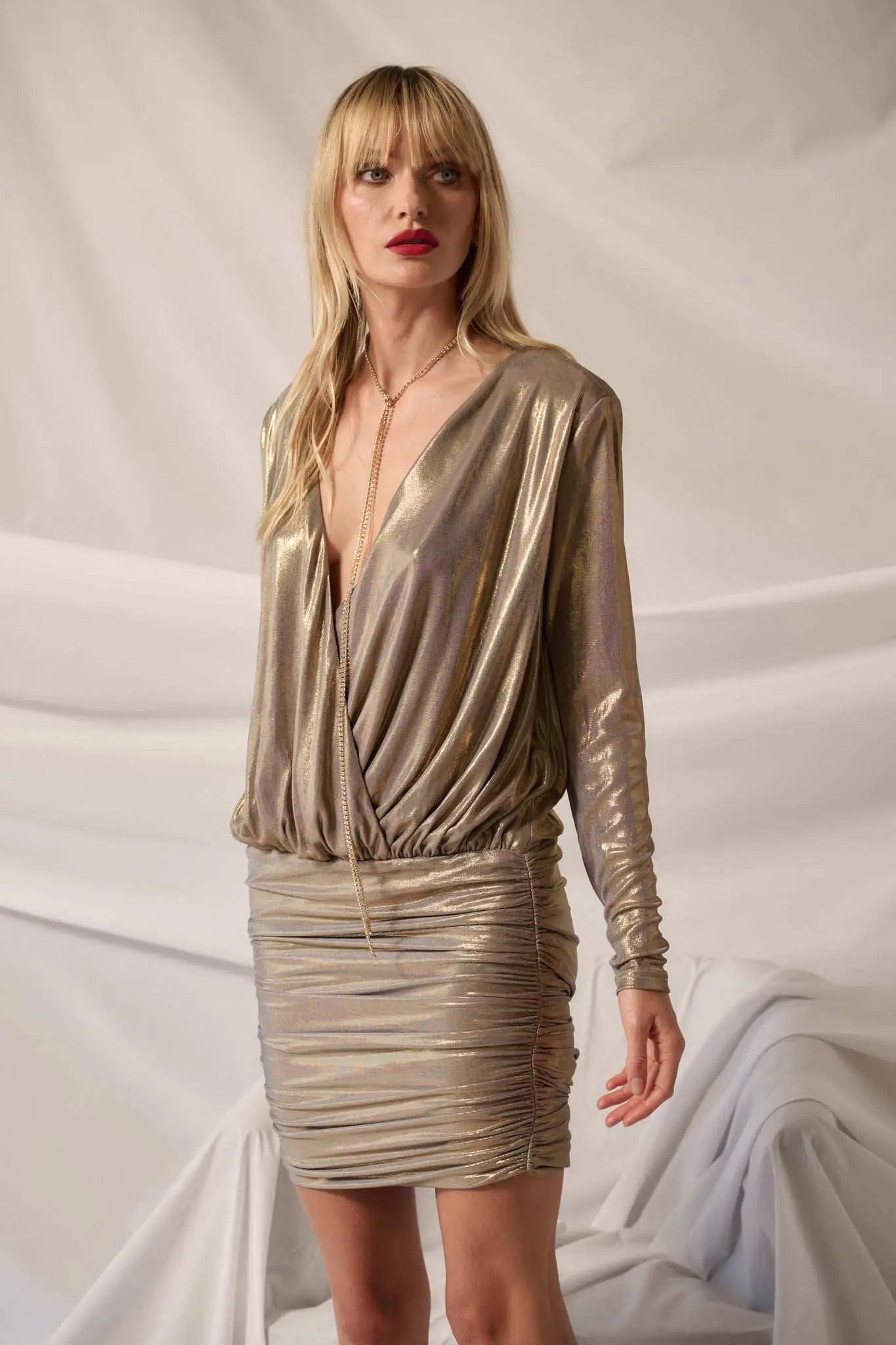 deep v neck mini dress Showstopper Draped Metallic Deep V-Neck Mini Dress Stone Gold / M