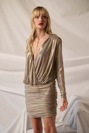 Showstopper Draped Metallic Deep V-Neck Mini Dress - ShopPromesa