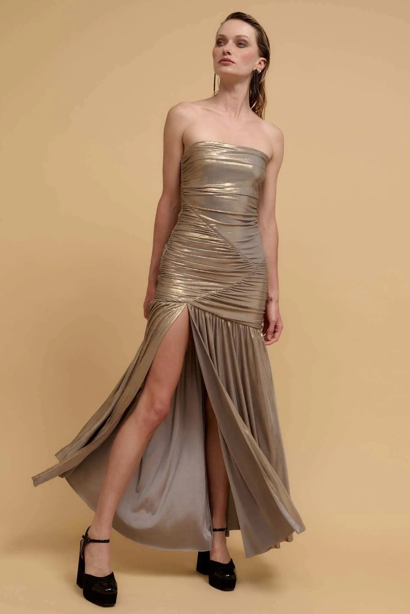 Stunning Starlet Strapless Metallic Maxi Dress, Stone Gold / M Stunning Starlet Strapless Metallic Maxi Dress, Stone Gold / M