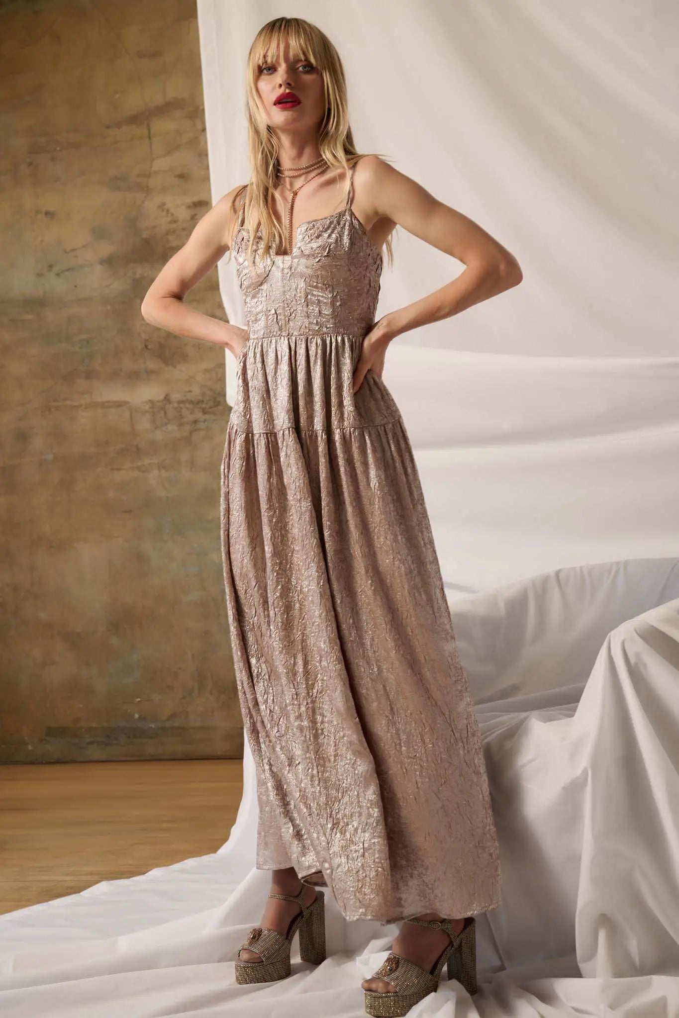 textured champagne dress Champagne Off-Shoulder Maxi Dress