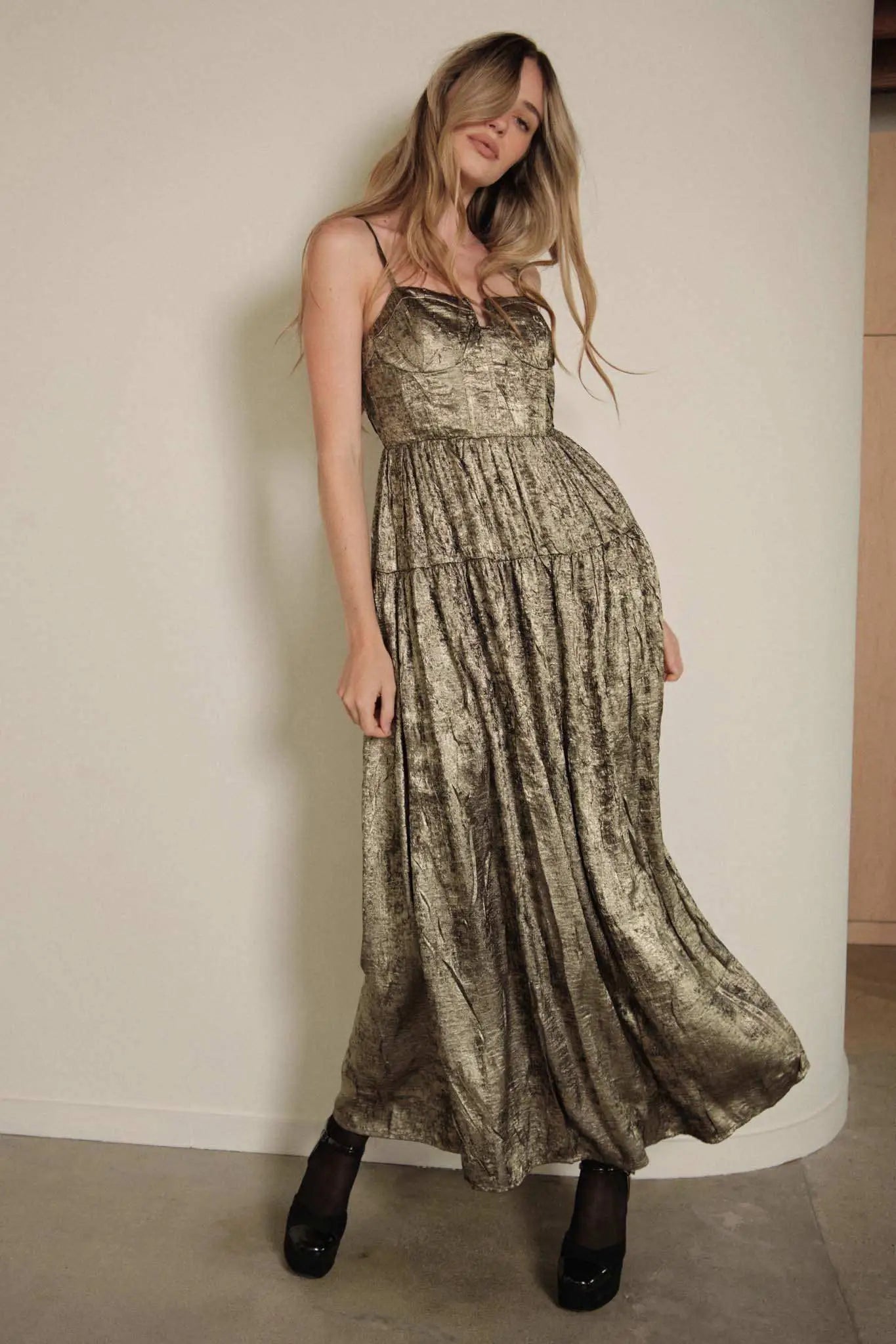gold metallic maxi dress Jluxlabel Women's Kaleah Metallic Maxi Dress