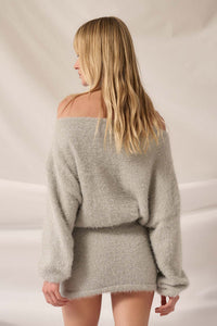 Snow Bunny Metallic Fuzzy Knit Boatneck Mini Dress - ShopPromesa