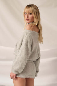 Snow Bunny Metallic Fuzzy Knit Boatneck Mini Dress - ShopPromesa