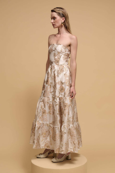 Gilded Garland Metallic Floral Brocade Maxi Dress - ShopPromesa