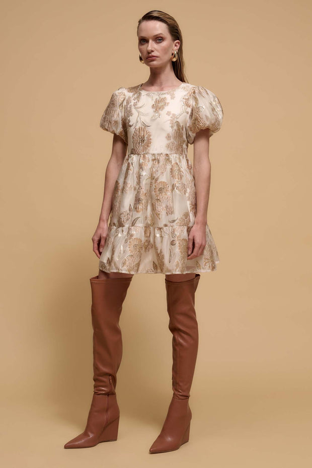 Golden Grove Metallic Floral Brocade Mini Dress