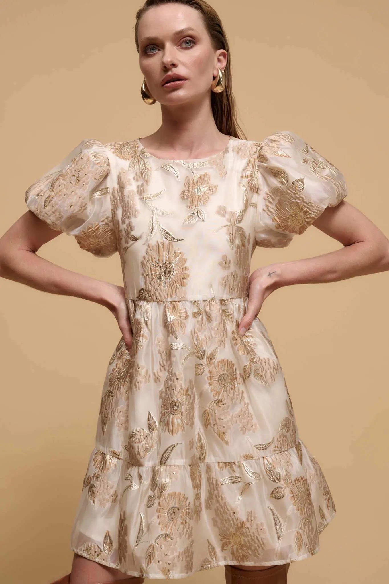 Golden Grove Metallic Floral Brocade Mini Dress Gold / L Golden Grove Metallic Floral Brocade Mini Dress Gold / L