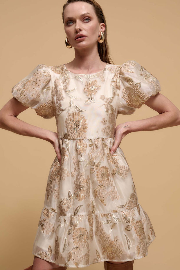 Golden Grove Metallic Floral Brocade Mini Dress - ShopPromesa