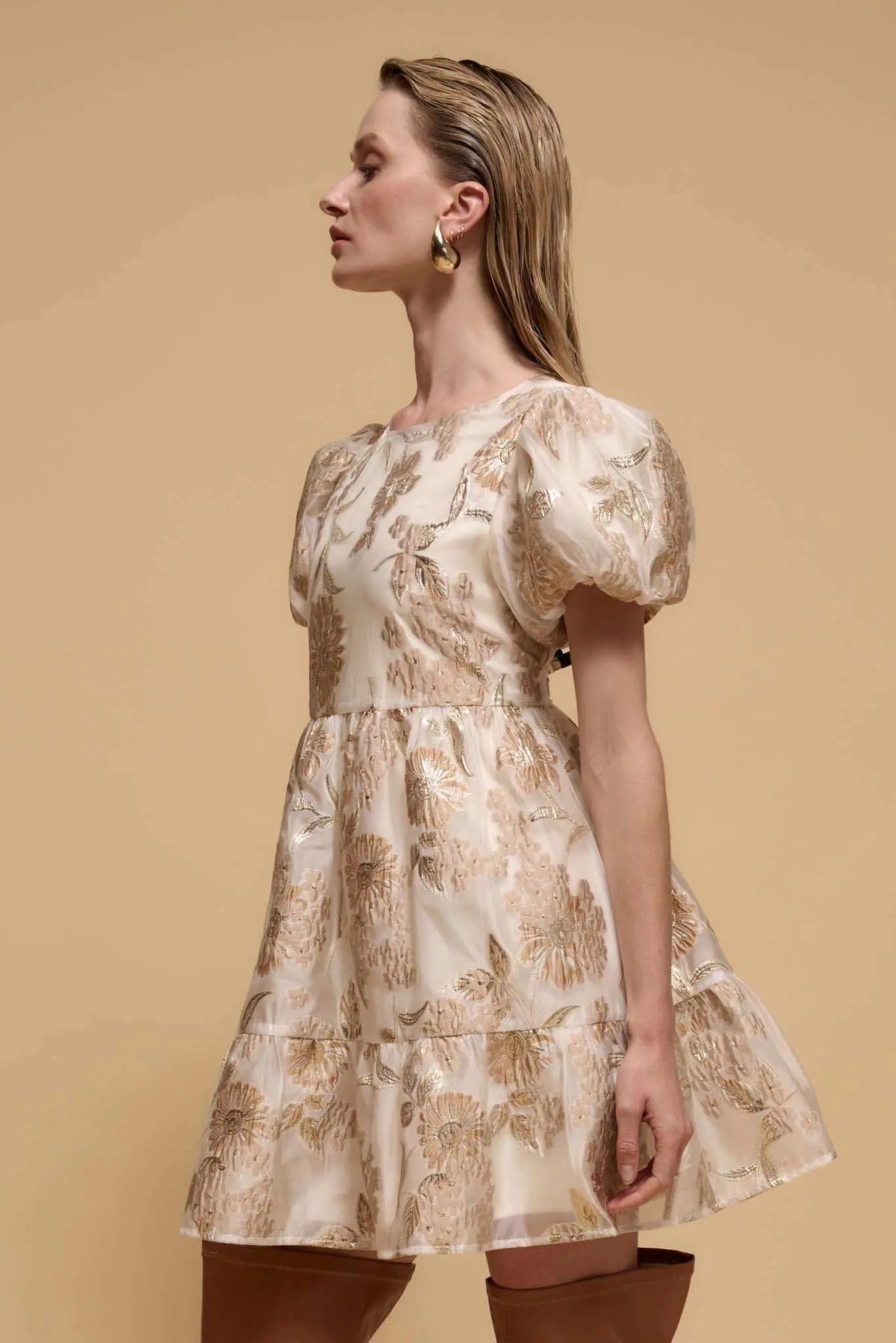 Golden Grove Metallic Floral Brocade Mini Dress, Gold / L Golden Grove Metallic Floral Brocade Mini Dress, Gold / L