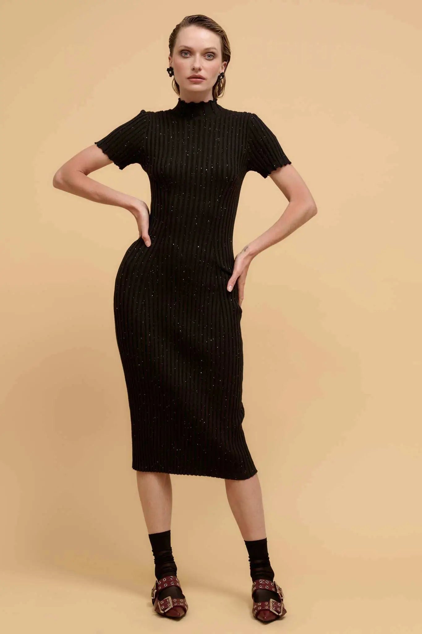 Sparks Fly Sequin Rib-Knit Midi Sweater Dress Black / L Sparks Fly Sequin Rib-Knit Midi Sweater Dress Black / L