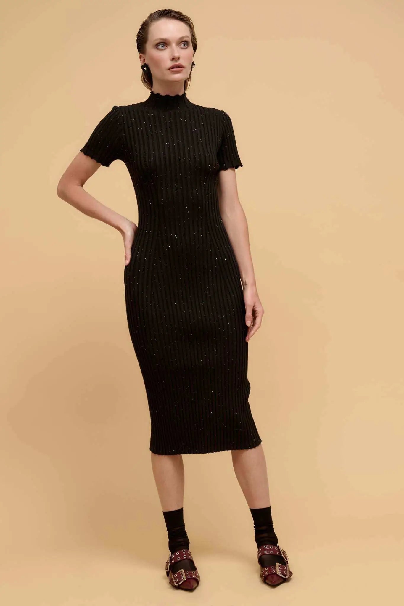 sequin knit midi dress Brown sequin net knit midi dress Daniello.com