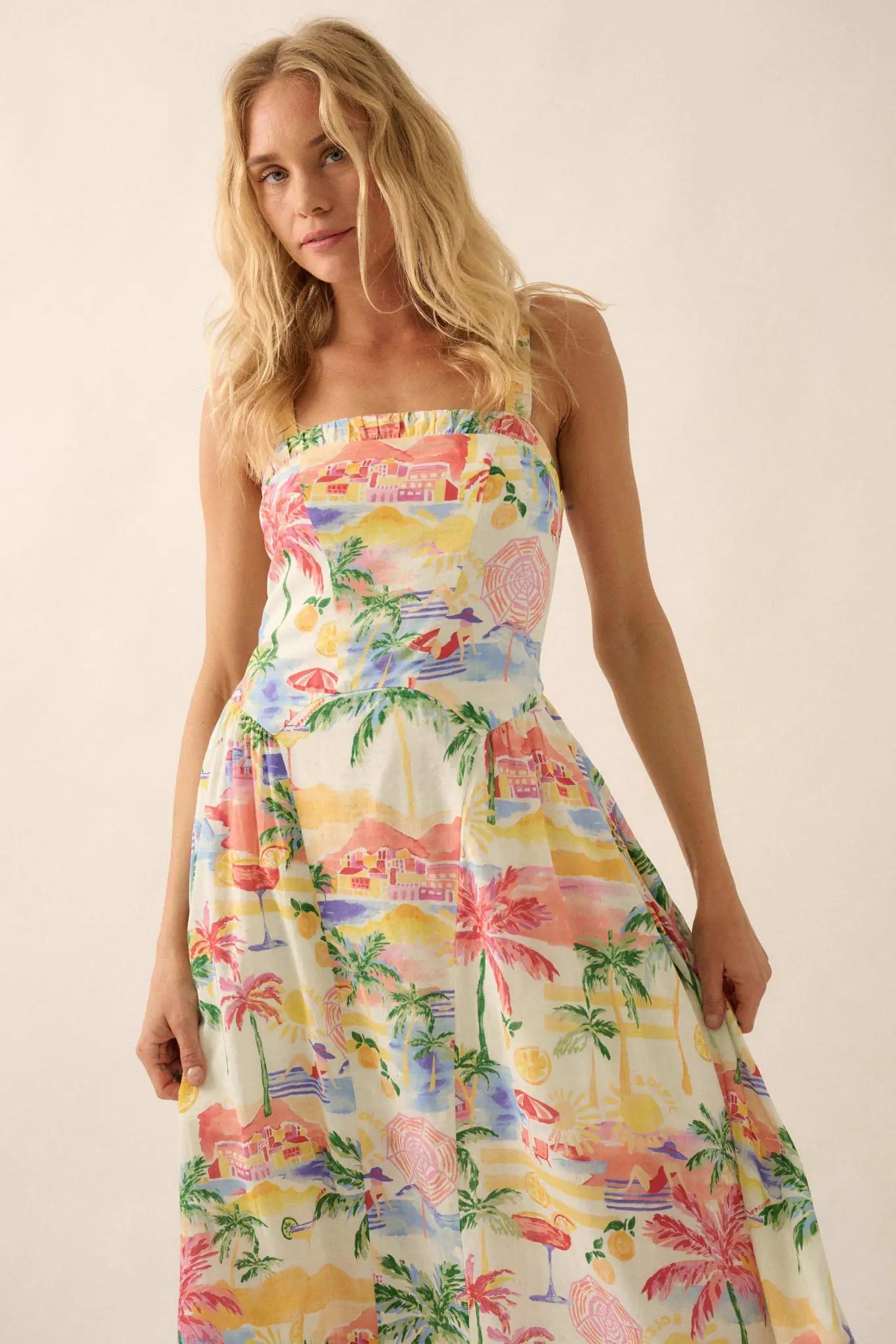 Piece of Paradise Tropical-Print Midi Dress, Cream / S