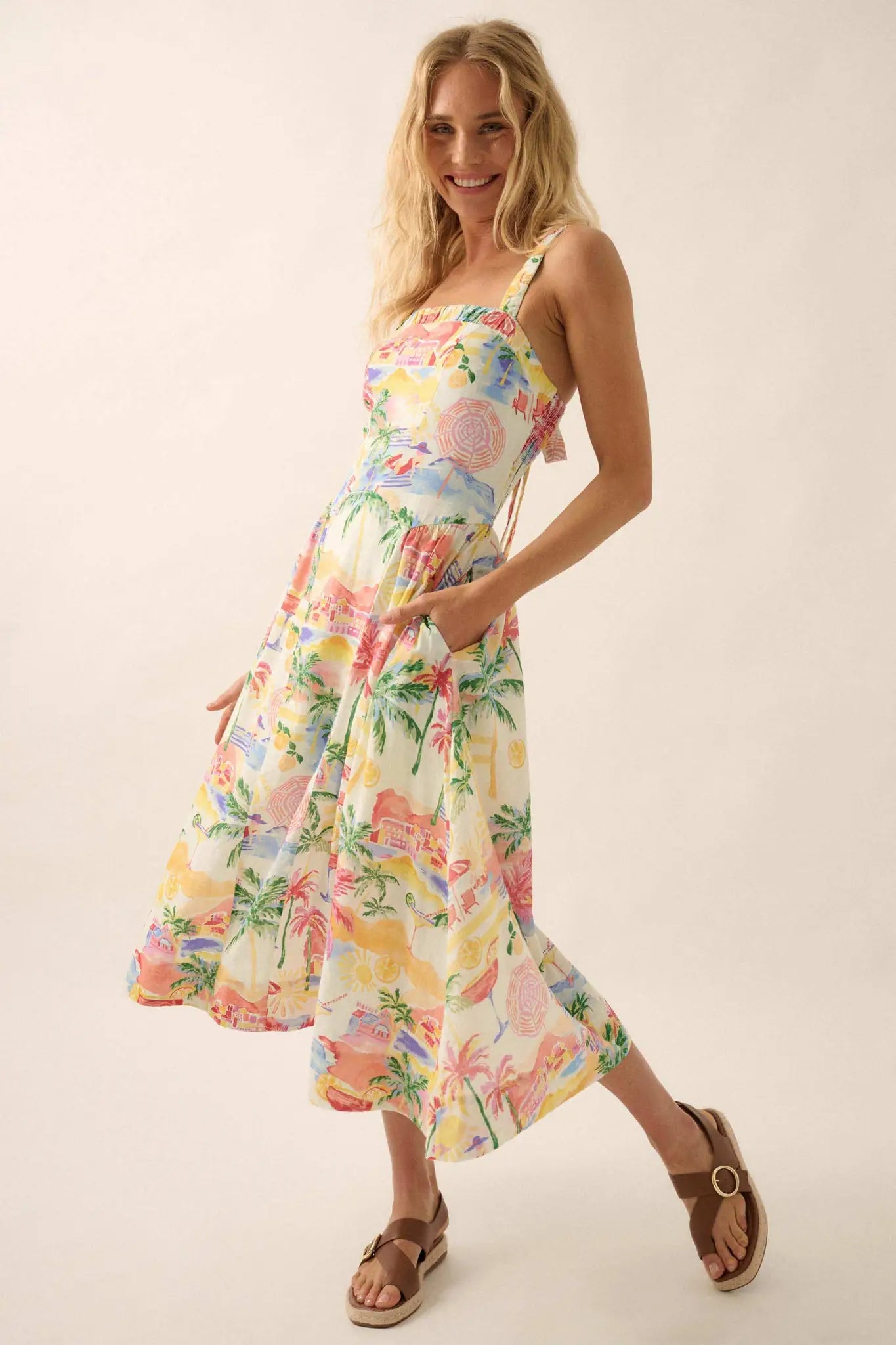 Piece of Paradise Tropical-Print Midi Dress, Cream / S Piece of Paradise Tropical-Print Midi Dress, Cream / S