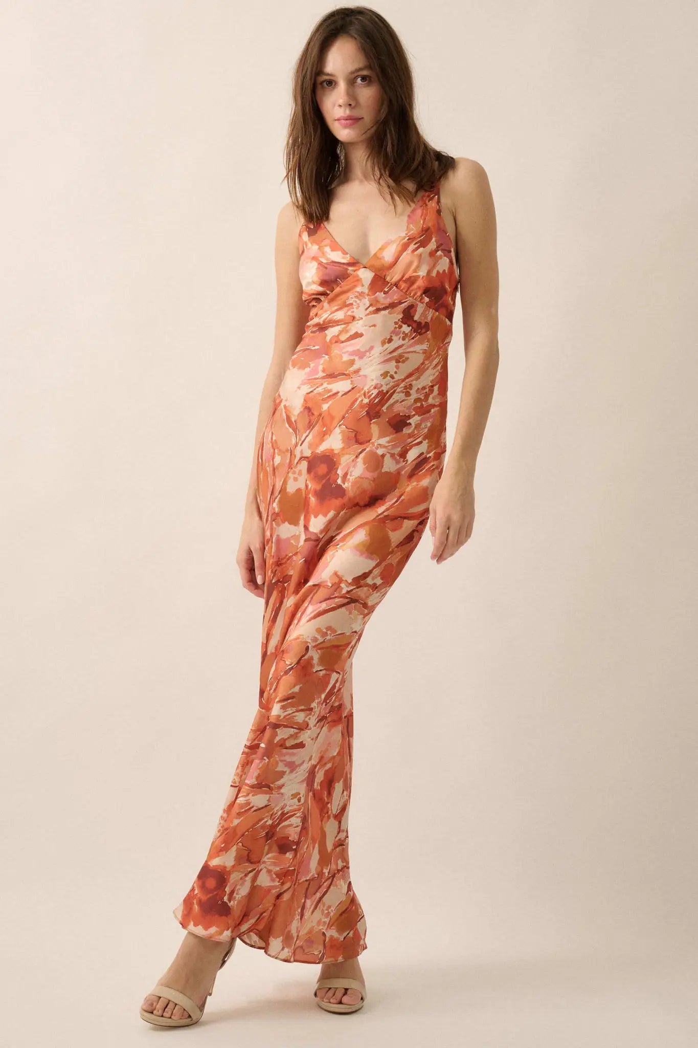 Dream Come True Abstract-Print Satin Maxi Dress Sunset Orange / M Dream Come True Abstract-Print Satin Maxi Dress Sunset Orange / M