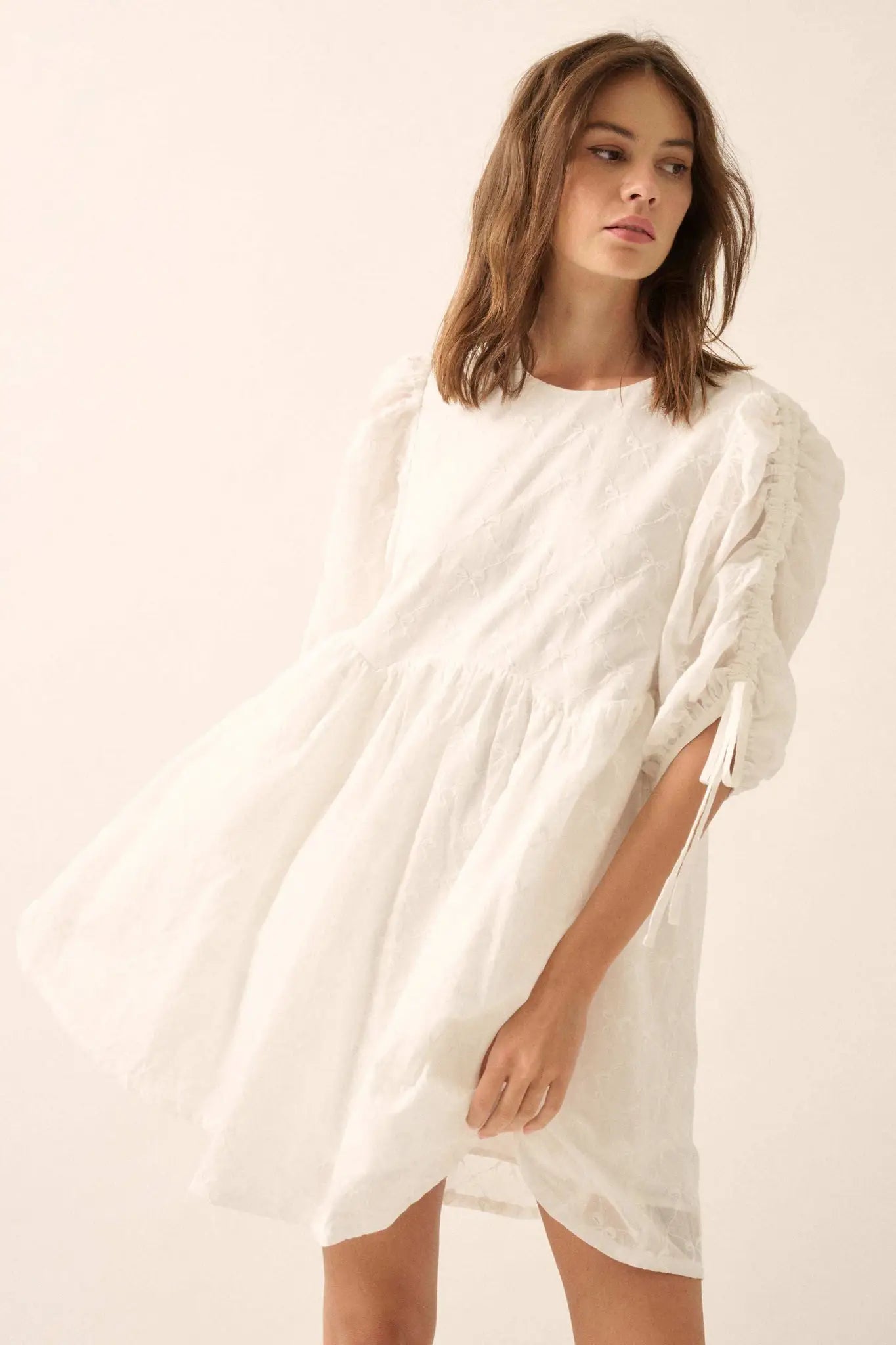 Angel Baby Bow-Embroidered Babydoll Mini Dress Off White / L Angel Baby Bow-Embroidered Babydoll Mini Dress Off White / L
