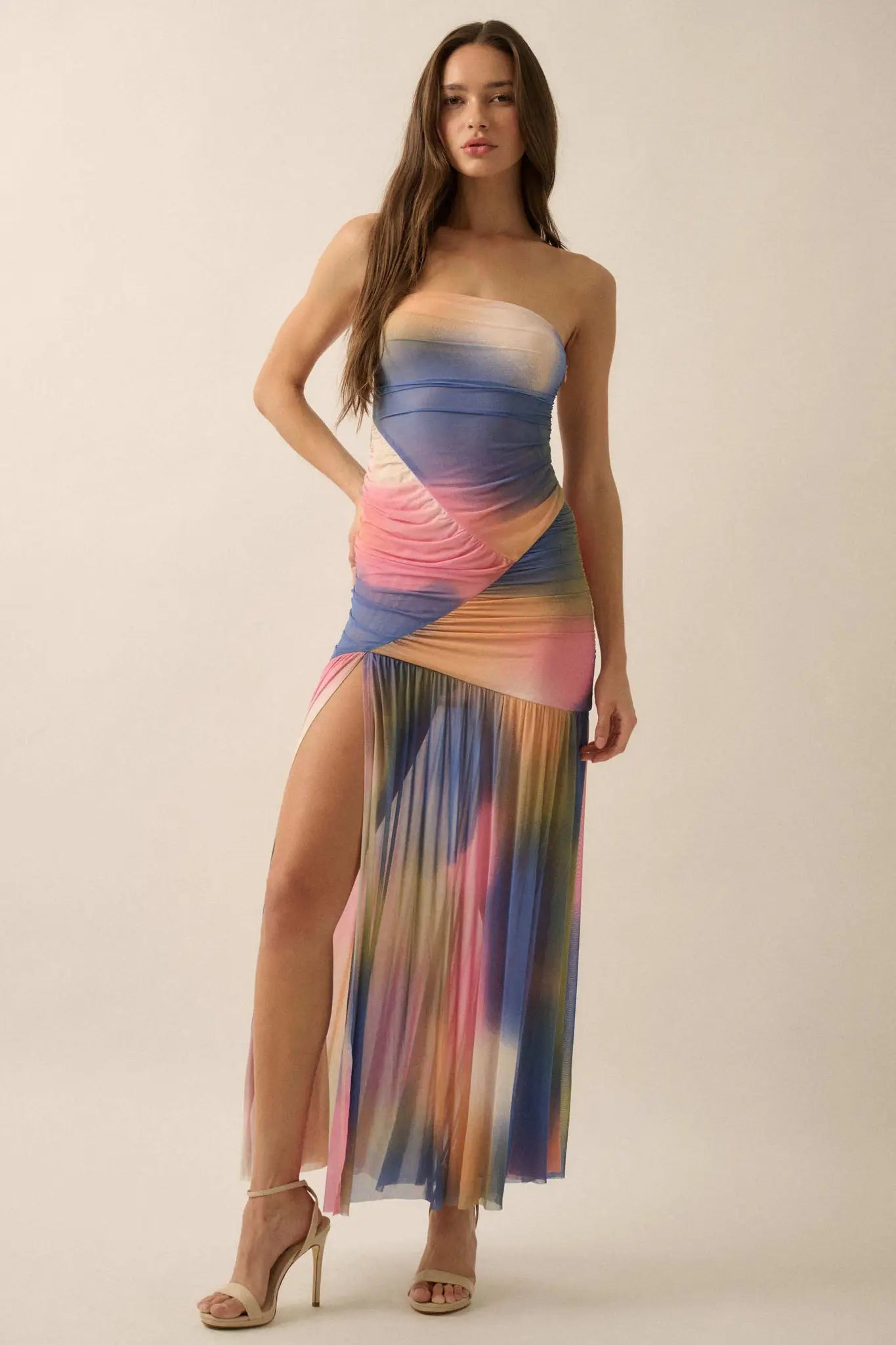 strapless tie dye maxi dress Zara Tie Dye Multicoloured Tulle Strapless Bodycon Midi Maxi Dress Bloggers Fave