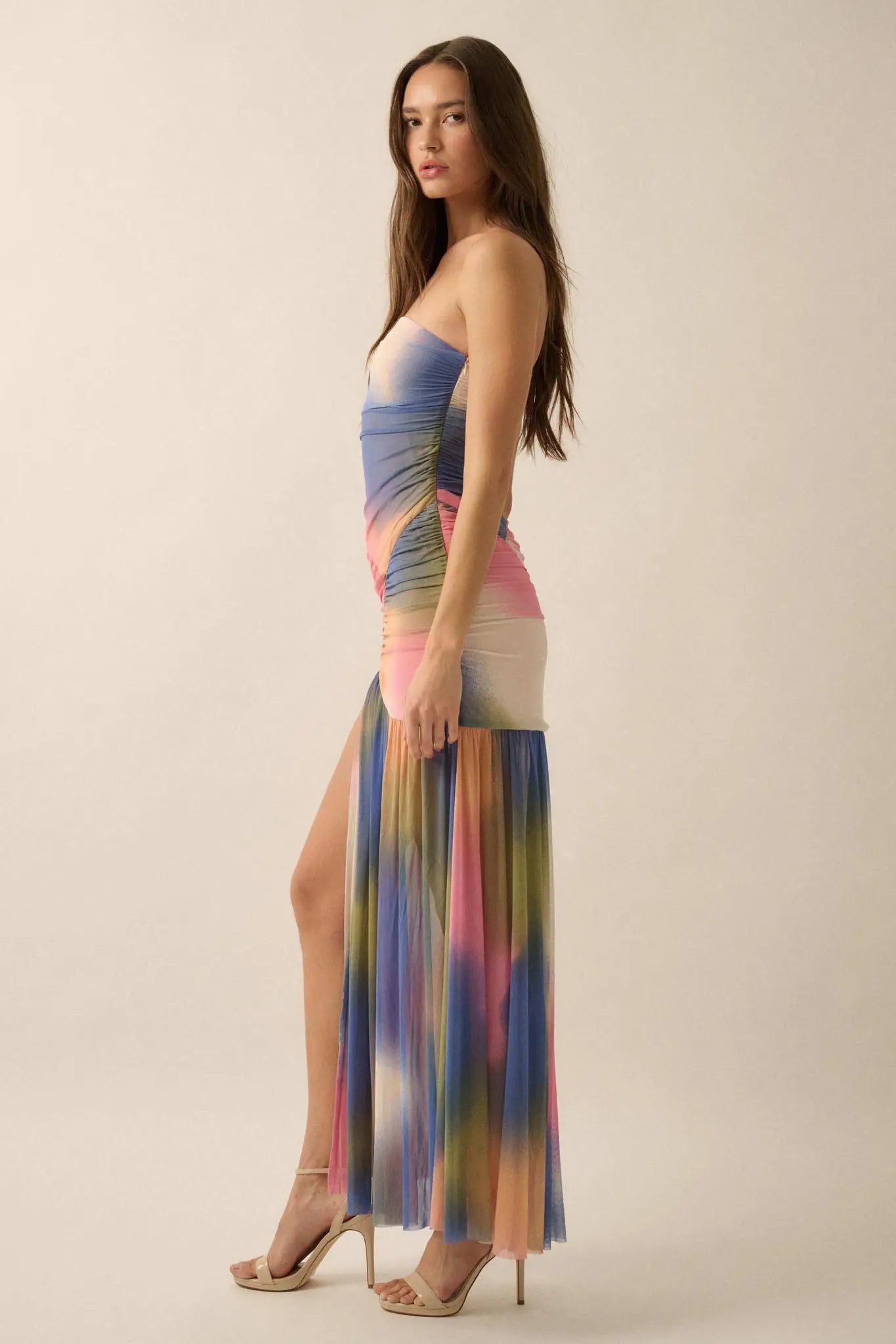 Color My World Tie-Dye Mesh Strapless Maxi Dress Pink & Blue & Green / M