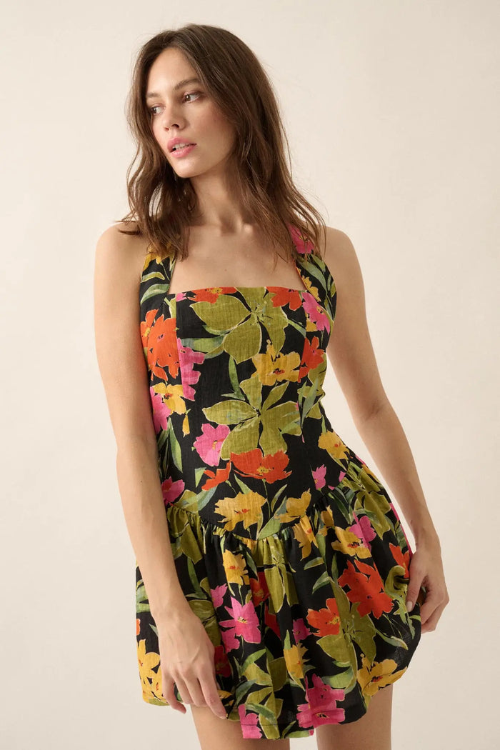 Maui Magic Tropical Floral Halter Mini Dress - ShopPromesa