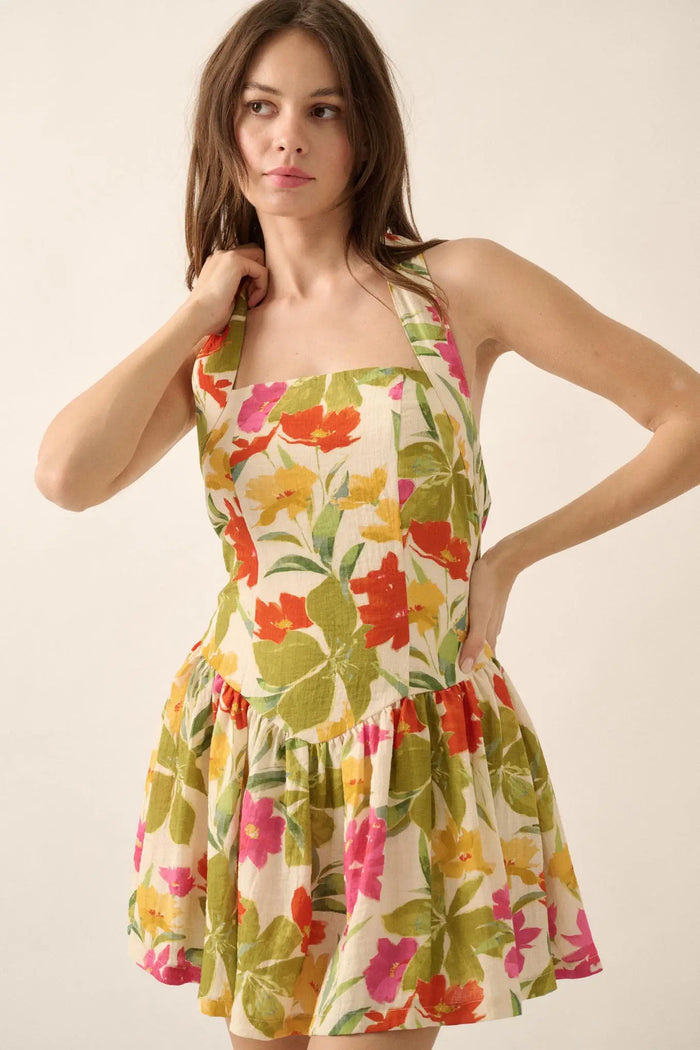 Maui Magic Tropical Floral Halter Mini Dress - ShopPromesa