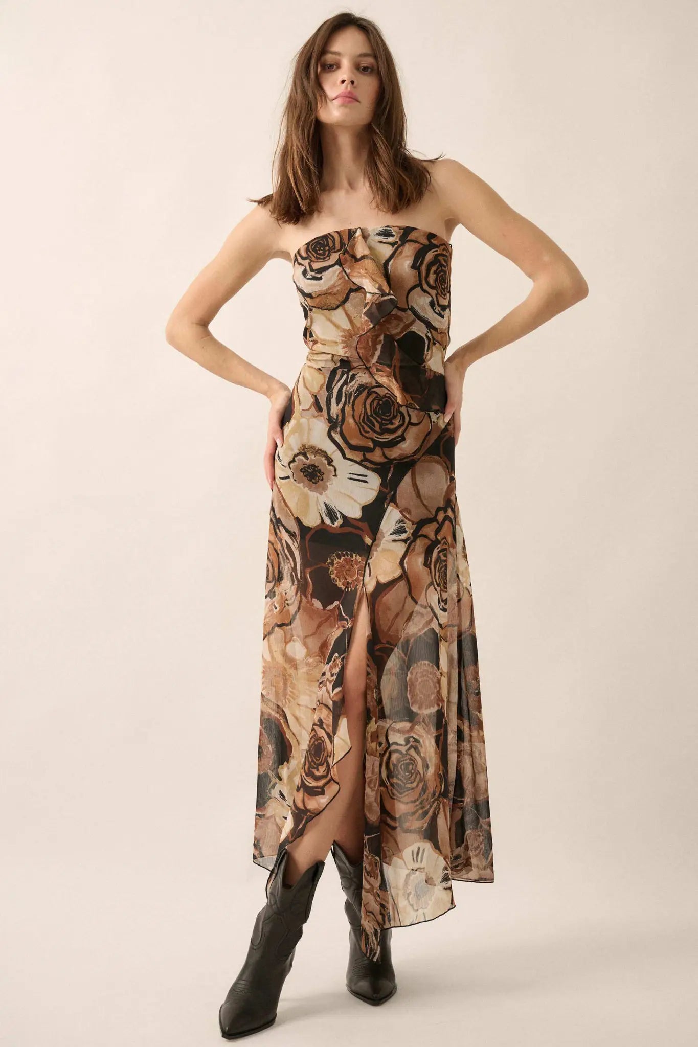 Blooming Wild Floral Chiffon Strapless Maxi Dress - ShopPromesa