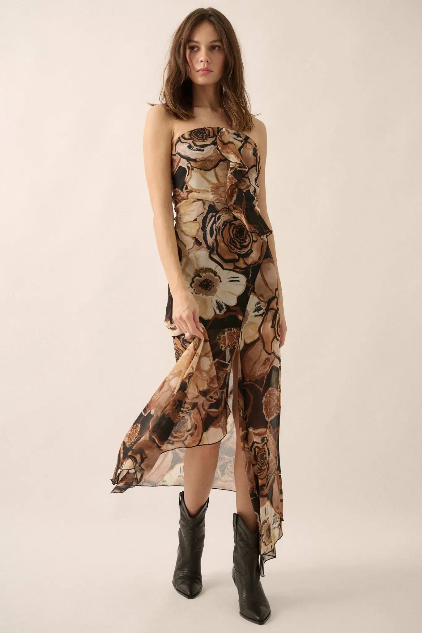 Blooming Wild Floral Chiffon Strapless Maxi Dress - ShopPromesa