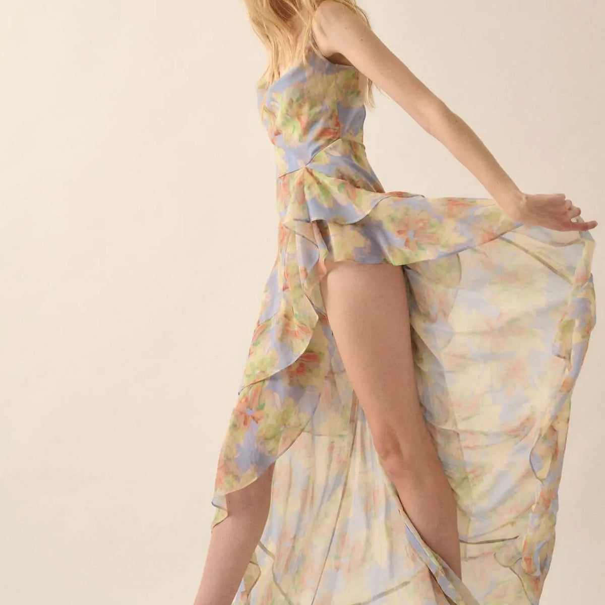 fairy chiffon dress Garden Draped Floral Maxi Periwinkle Blue / L **The Art of Styling** SIZE:9.5 color-light-blueb Long Corset Print Prom