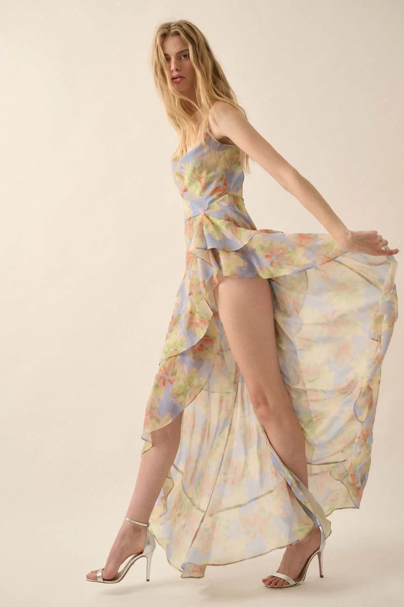 Fairy Garden Draped Floral Chiffon Maxi Dress, Periwinkle Blue / L Fairy Garden Draped Floral Chiffon Maxi Dress, Periwinkle Blue / L