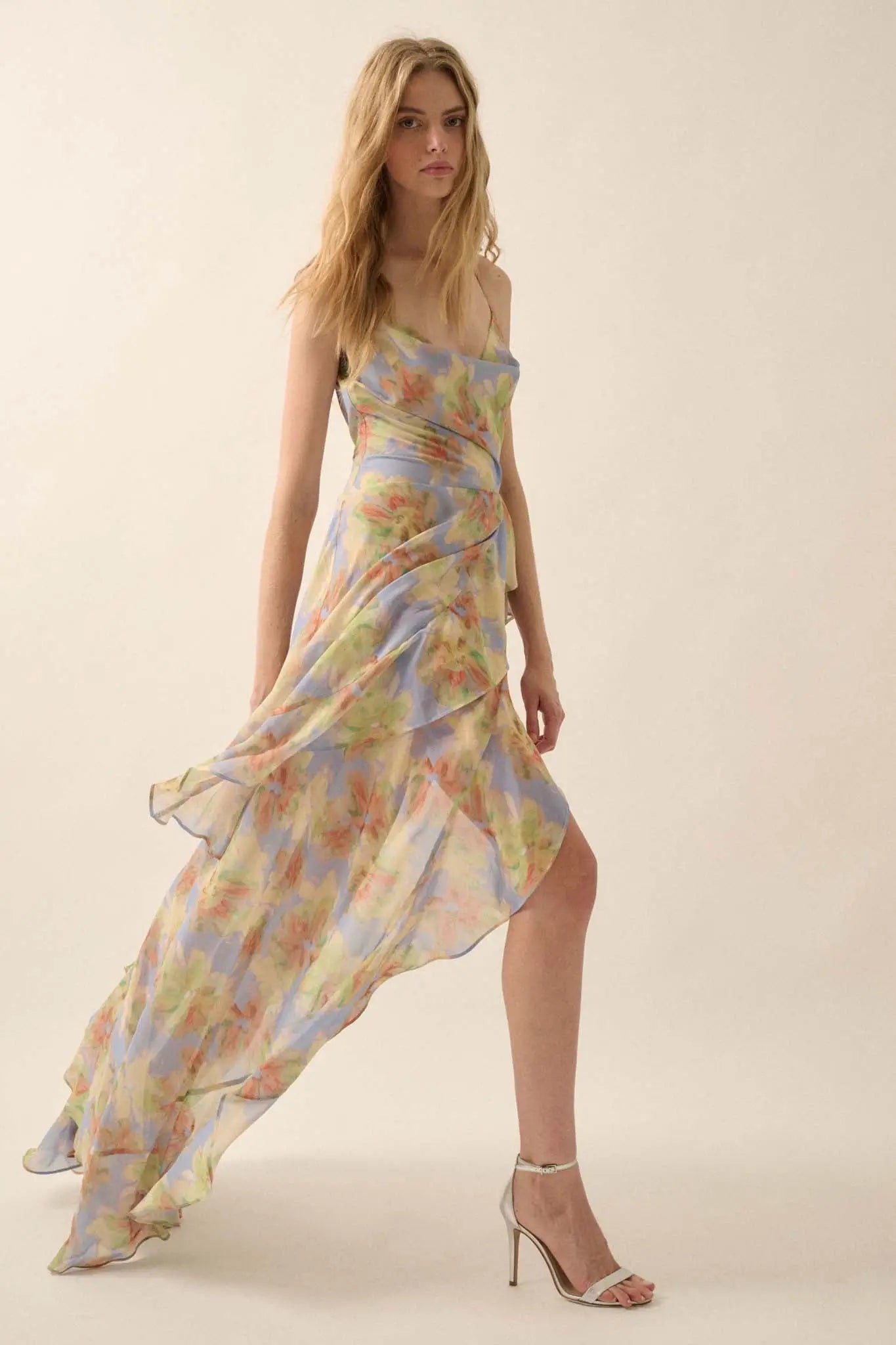 Fairy Garden Draped Floral Chiffon Maxi Dress Fairy Garden Draped Floral Chiffon Maxi Dress