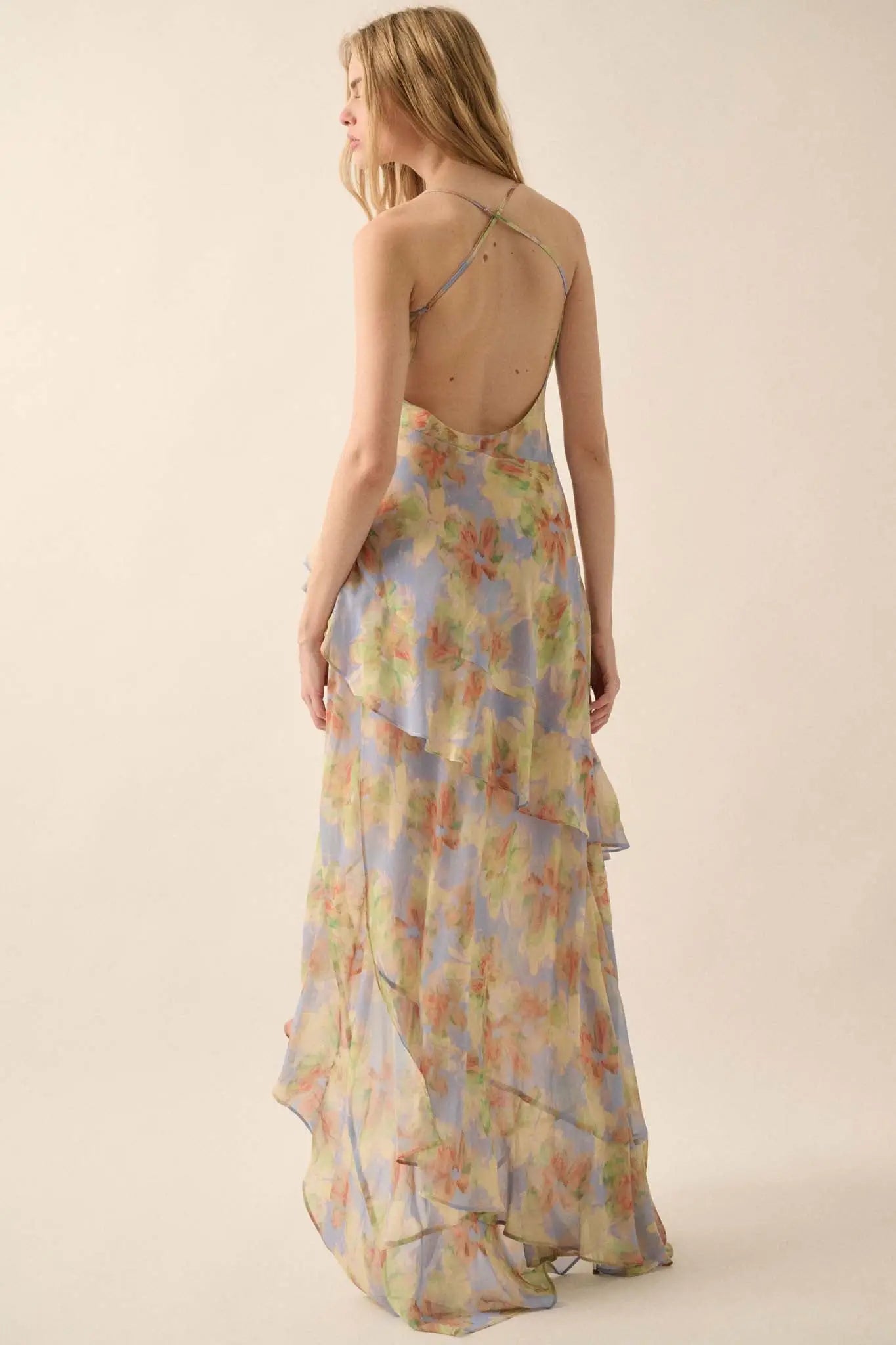 Fairy Garden Draped Floral Chiffon Maxi Dress Fairy Garden Draped Floral Chiffon Maxi Dress