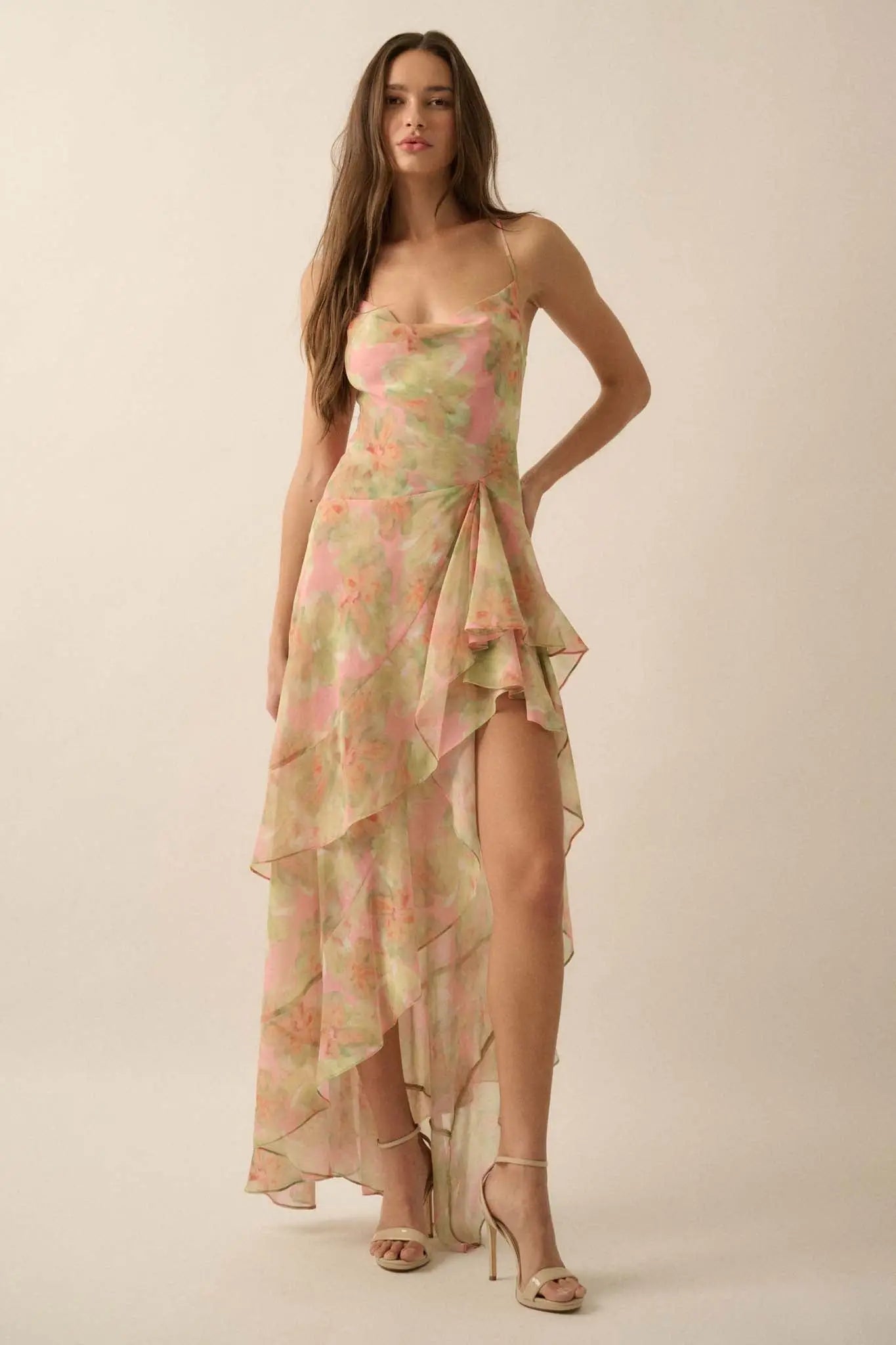 Fairy Garden Draped Floral Chiffon Maxi Dress, Pink / S Fairy Garden Draped Floral Chiffon Maxi Dress, Pink / S
