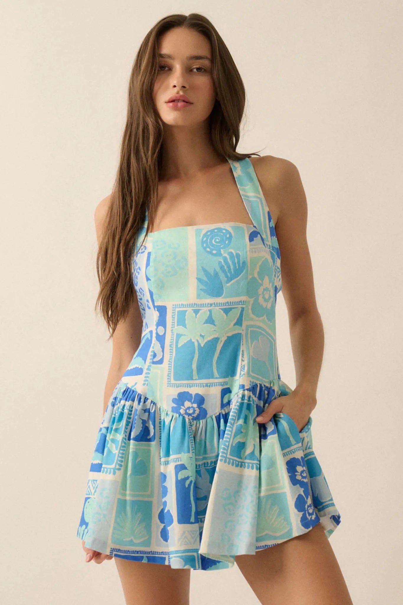 Escape with Me Tropical Floral Halter Mini Dress Aqua Blue / M Escape with Me Tropical Floral Halter Mini Dress Aqua Blue / M