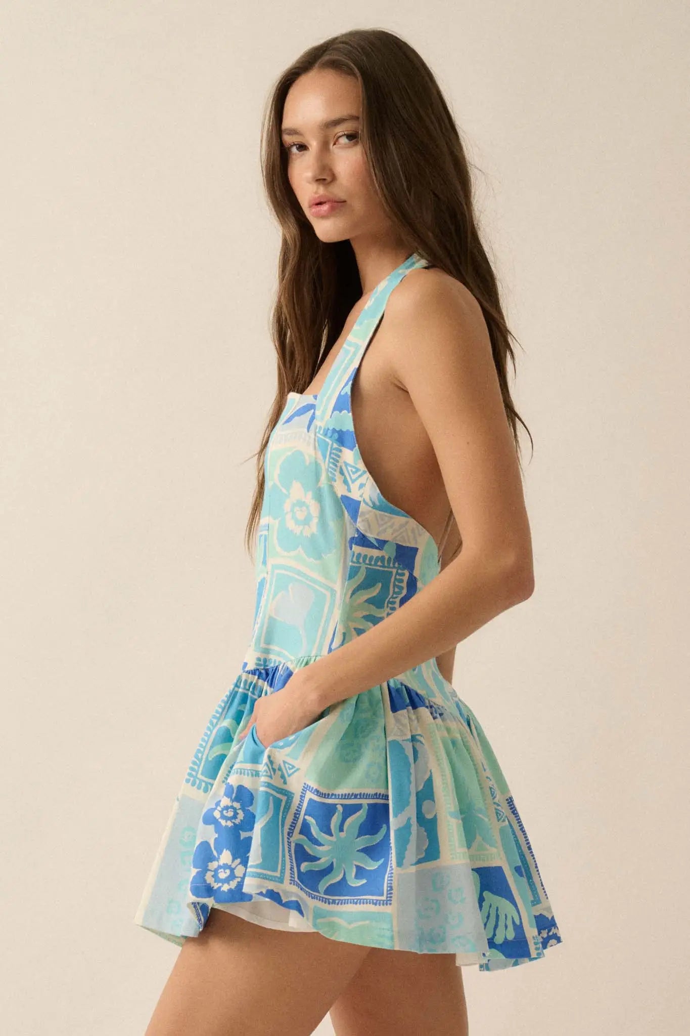 Escape With Me Tropical Floral Halter Mini Dress Aqua Blue / L Escape With Me Tropical Floral Halter Mini Dress Aqua Blue / L