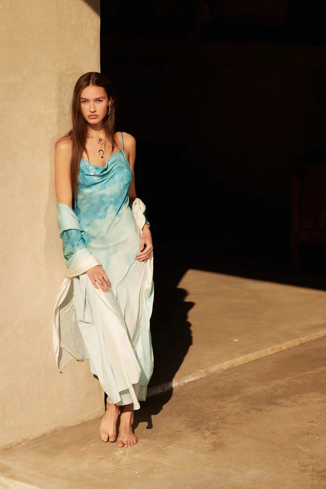 Gentle Rain Tie-Dye Satin Cowl-Neck Maxi Dress, Blue / S Gentle Rain Tie-Dye Satin Cowl-Neck Maxi Dress, Blue / S