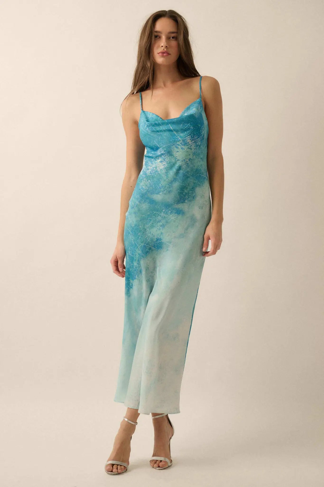 Gentle Rain Tie-Dye Satin Cowl-Neck Maxi Dress Blue / S Gentle Rain Tie-Dye Satin Cowl-Neck Maxi Dress Blue / S