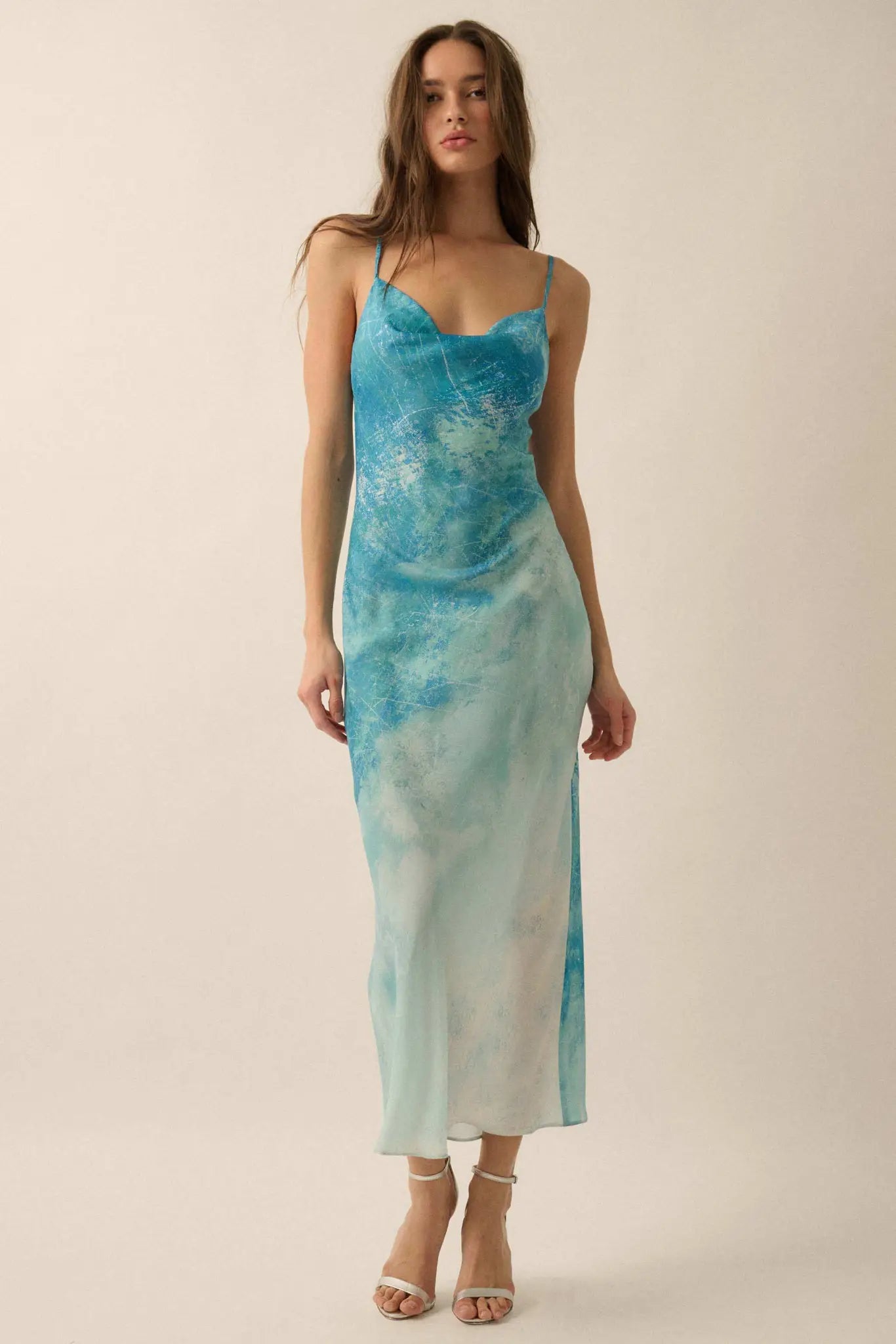 Gentle Rain Tie-Dye Satin Cowl-Neck Maxi Dress, Blue / S Gentle Rain Tie-Dye Satin Cowl-Neck Maxi Dress, Blue / S