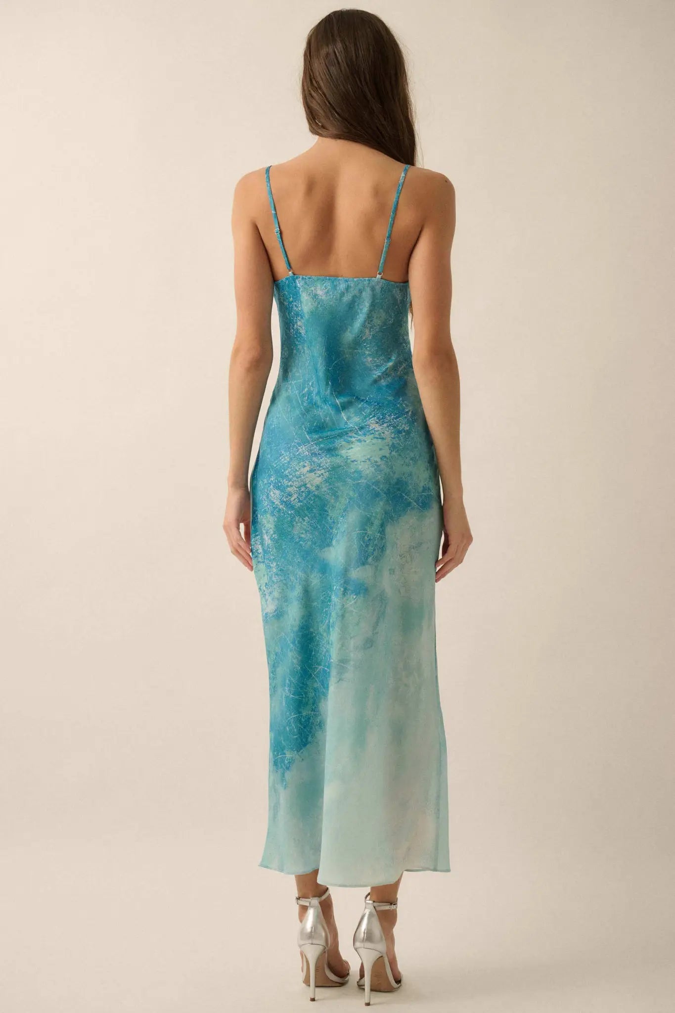 Gentle Rain Tie-Dye Satin Cowl-Neck Maxi Dress, Blue / S Gentle Rain Tie-Dye Satin Cowl-Neck Maxi Dress, Blue / S