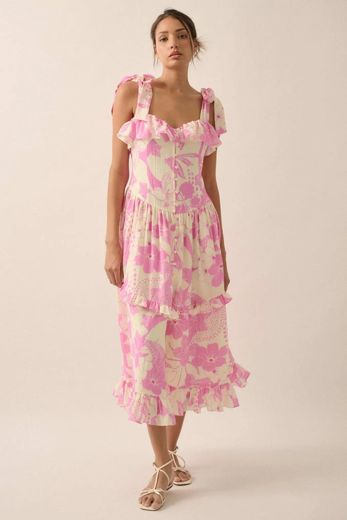 Hot Tropics Floral Button-Front Ruffle Midi Dress - ShopPromesa