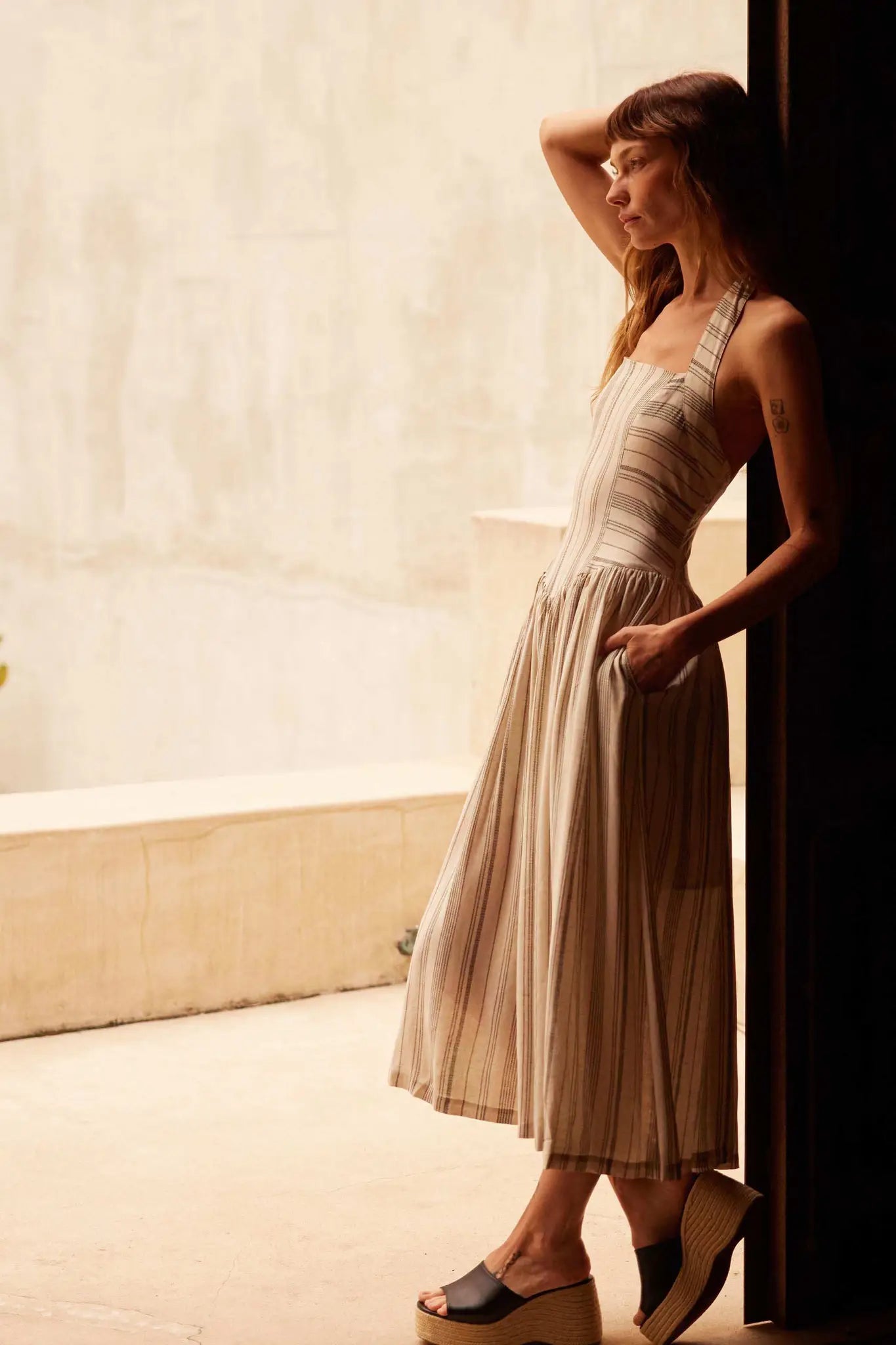 Along the Way Pinstripe Drop-Waist Midi Dress Natural / M Along the Way Pinstripe Drop-Waist Midi Dress Natural / M