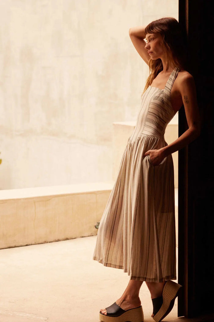 Along the Way Pinstripe Drop-Waist Midi Dress - ShopPromesa