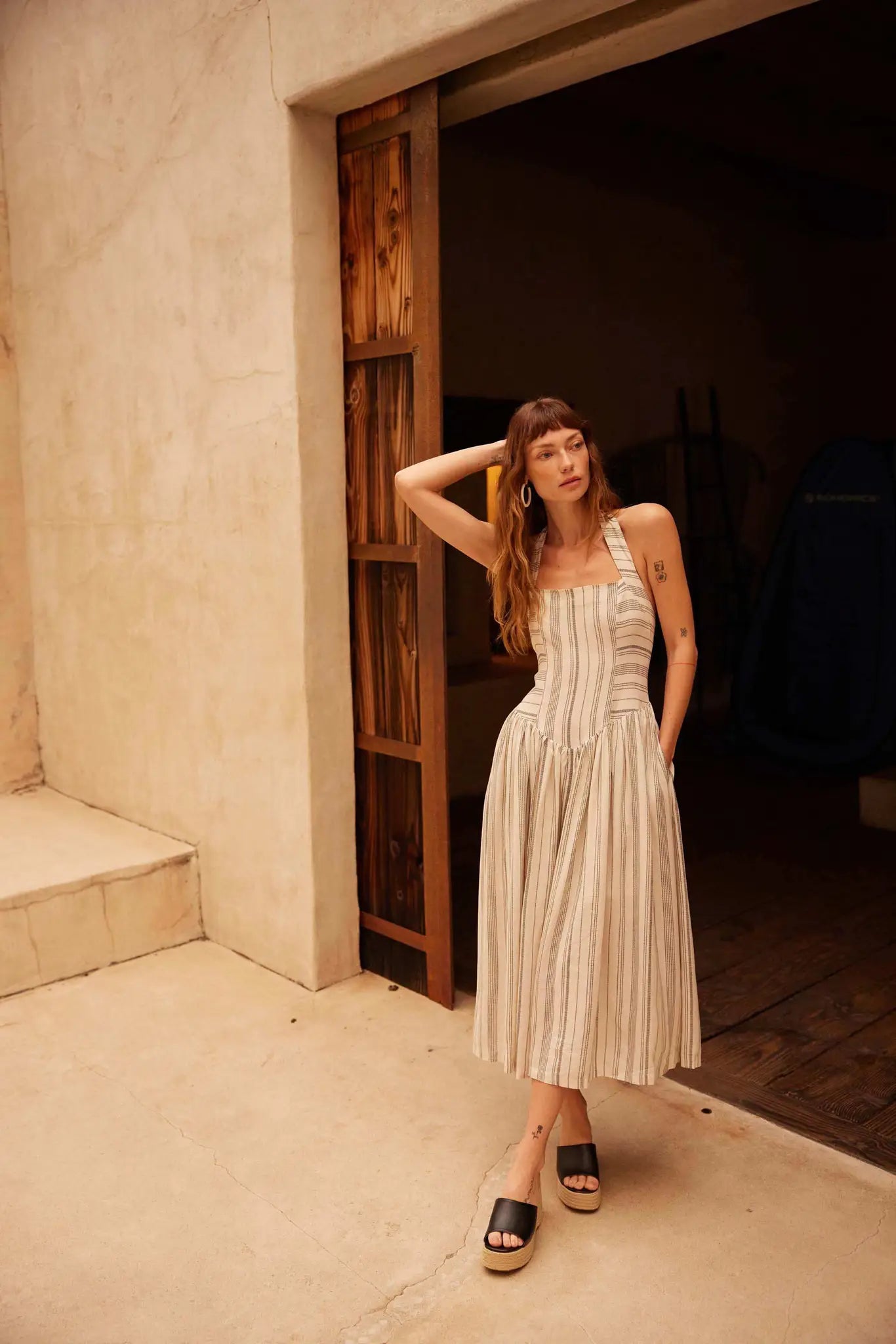 Along The Way Pinstripe Drop-Waist Midi Dress Natural / M Along The Way Pinstripe Drop-Waist Midi Dress Natural / M