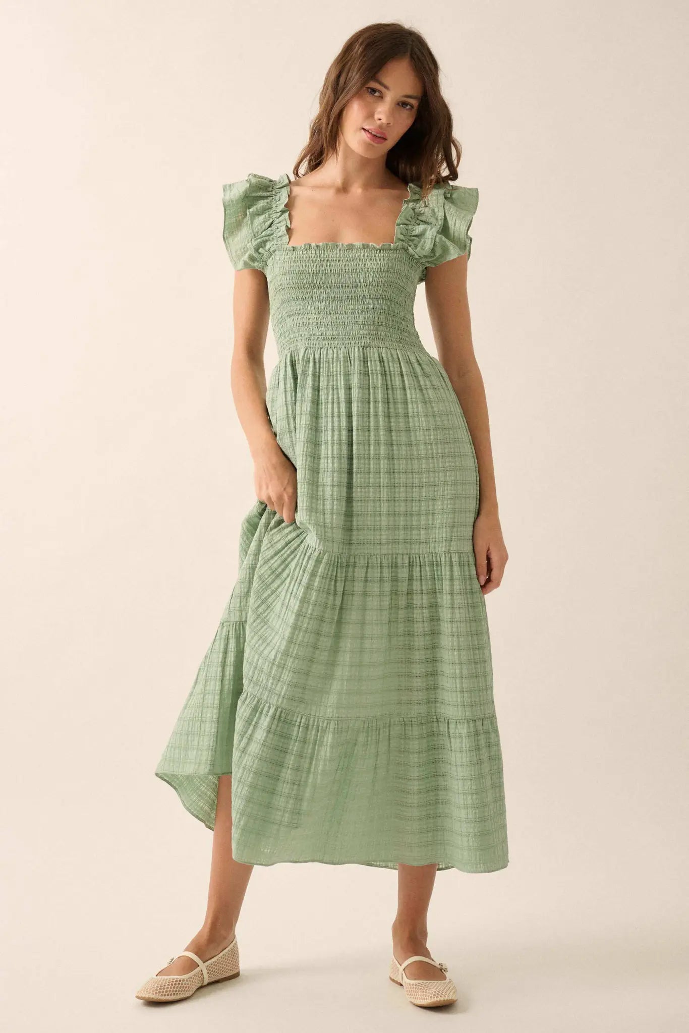 Sweet Sensation Ruffled Paid Tiered Midi Dress - ShopPromesa