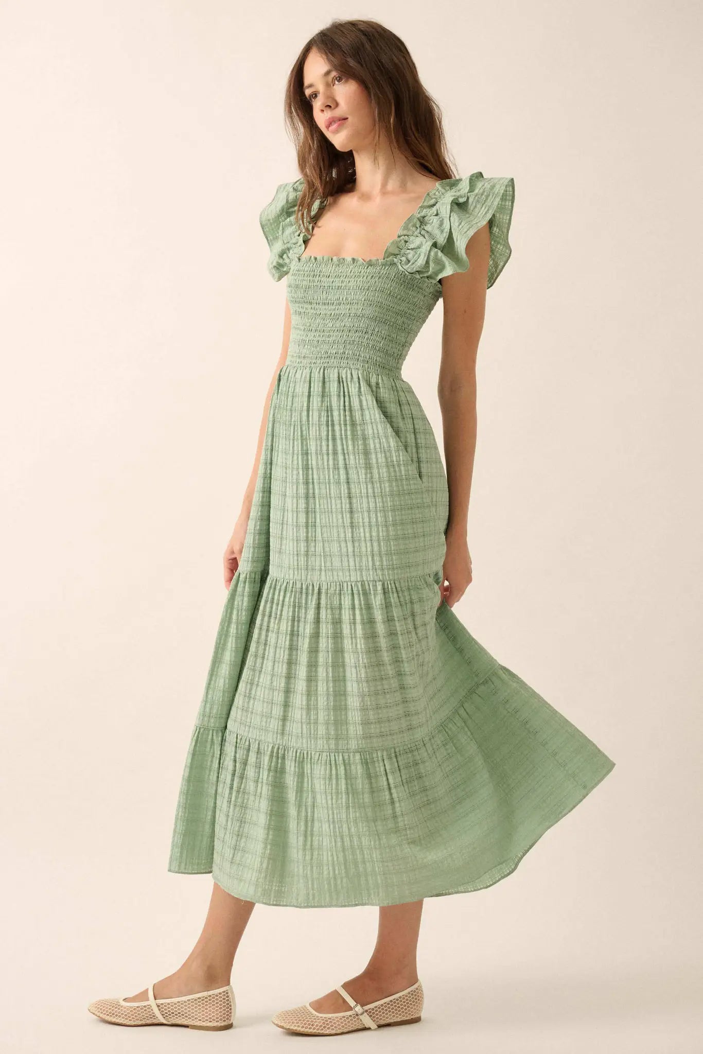 Sweet Sensation Ruffled Paid Tiered Midi Dress - ShopPromesa
