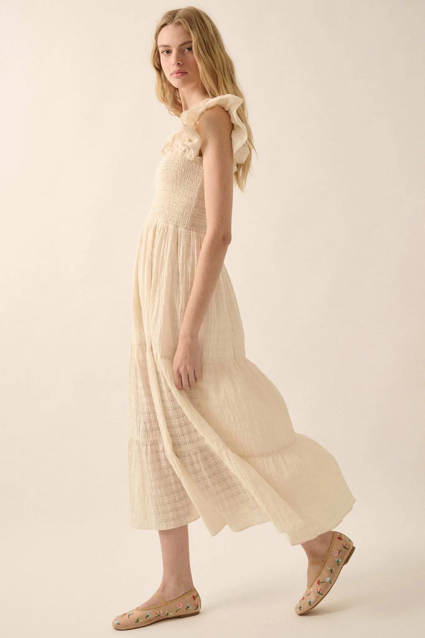 Sweet Sensation Ruffled Paid Tiered Midi Dress Aquamarine / L Sweet Sensation Ruffled Paid Tiered Midi Dress Aquamarine / L