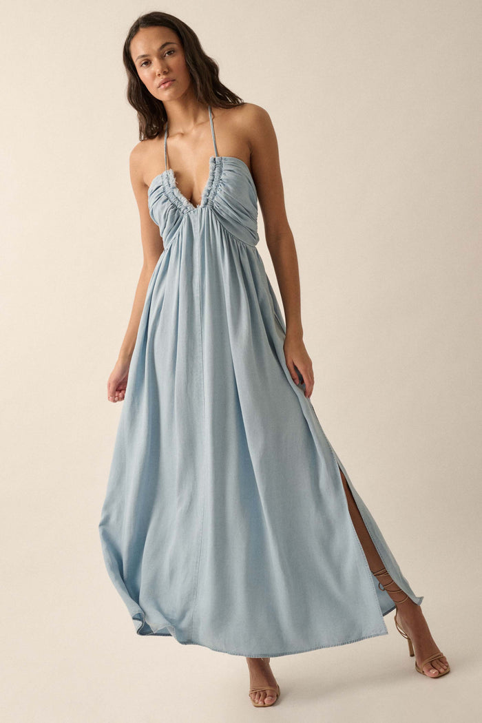 Blue Bayou Denim Tie-Back Halter Maxi Dress - ShopPromesa