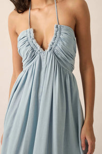 Blue Bayou Denim Tie-Back Halter Maxi Dress - ShopPromesa