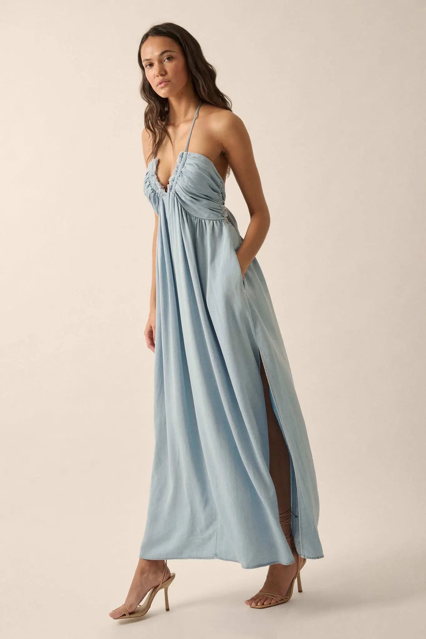 Blue Bayou Denim Tie-Back Halter Maxi Dress - ShopPromesa